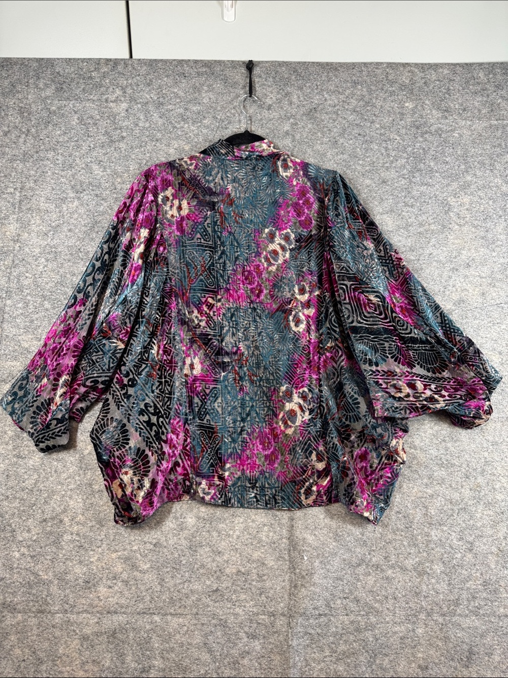 Anthropologie Multicolor Velvet Kimono Cardigan Black Fuchsia Festival Duster - Picture 12 of 14
